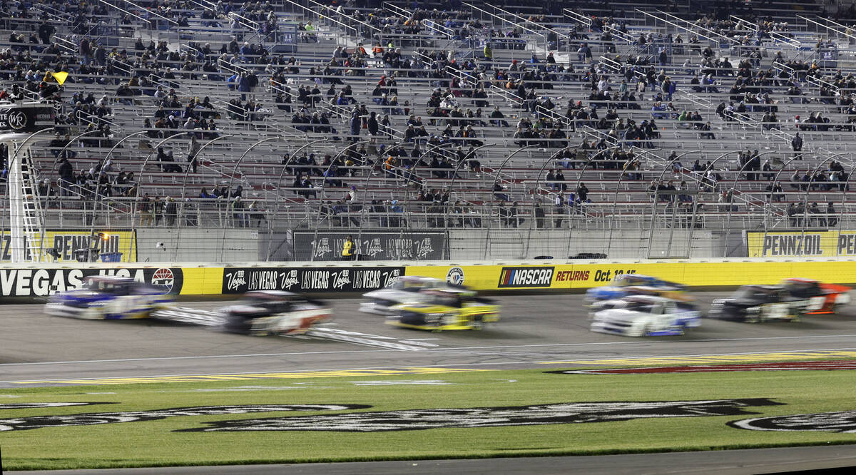 Drivers compete during the NASCAR Craftsman Truck Series auto race at Las Vegas Motor Speedway, ...