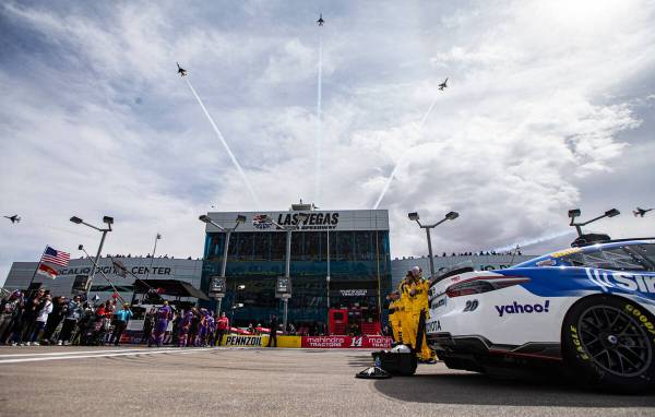 The U.S. Air Force Thunderbirds conduct a flyover before the Pennzoil 400 NASCAR Cup Series rac ...