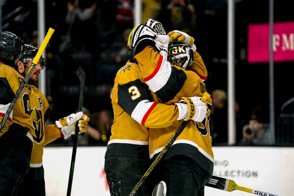 The Vegas Golden Knights celebrate after defeating the Montreal Canadiens at an NHL hockey game ...