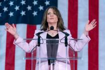 Self-help author Marianne Williamson speaks to the crowd as she launches her 2024 presidential ...