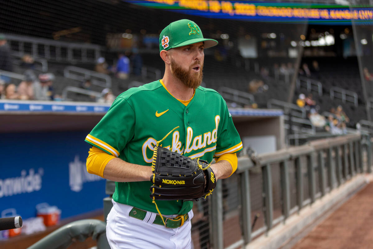 Oakland Athletics starting pitcher Paul Blackburn (58) leaves the dugout before a baseball game ...