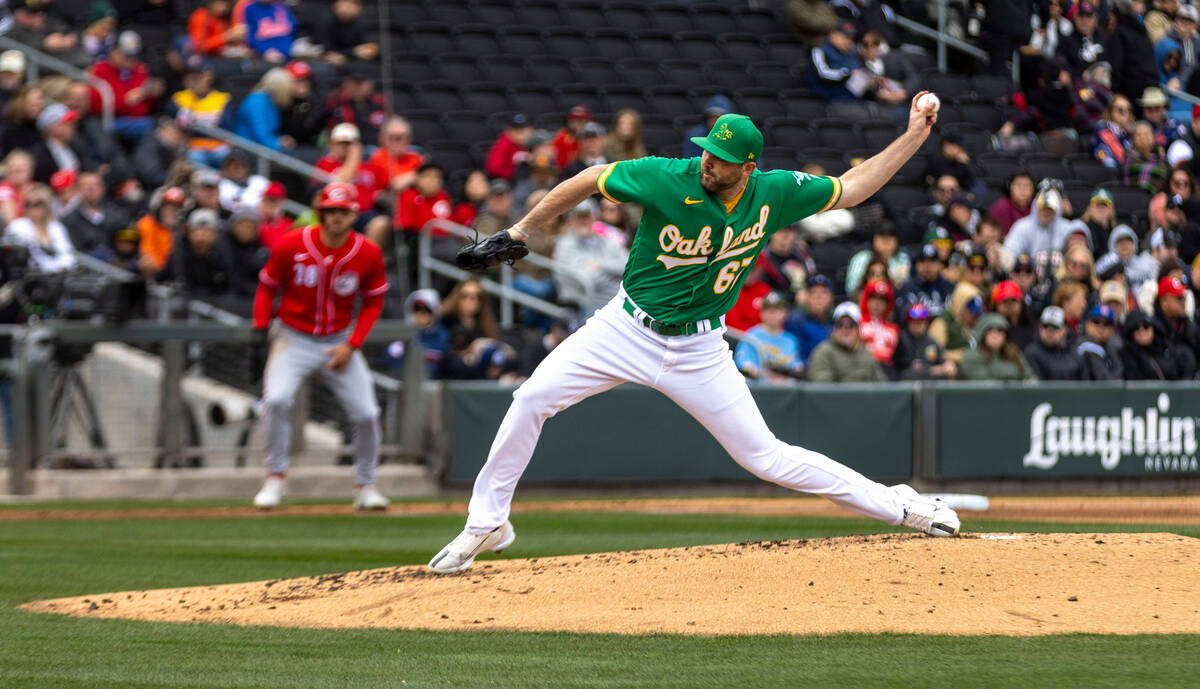 Oakland Athletics pitcher Jake Fishman throws during the second inning of a baseball game again ...