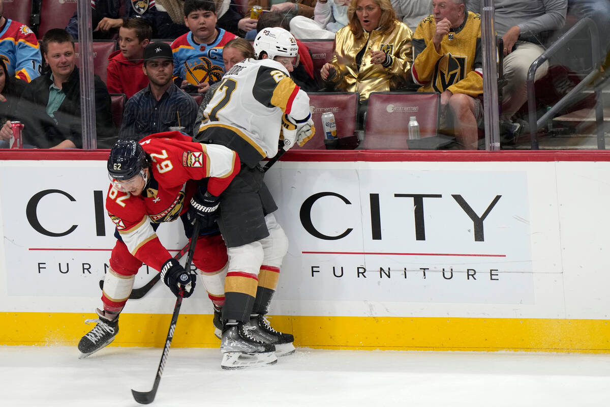 Florida Panthers defenseman Brandon Montour (62) and Vegas Golden Knights defenseman Shea Theod ...