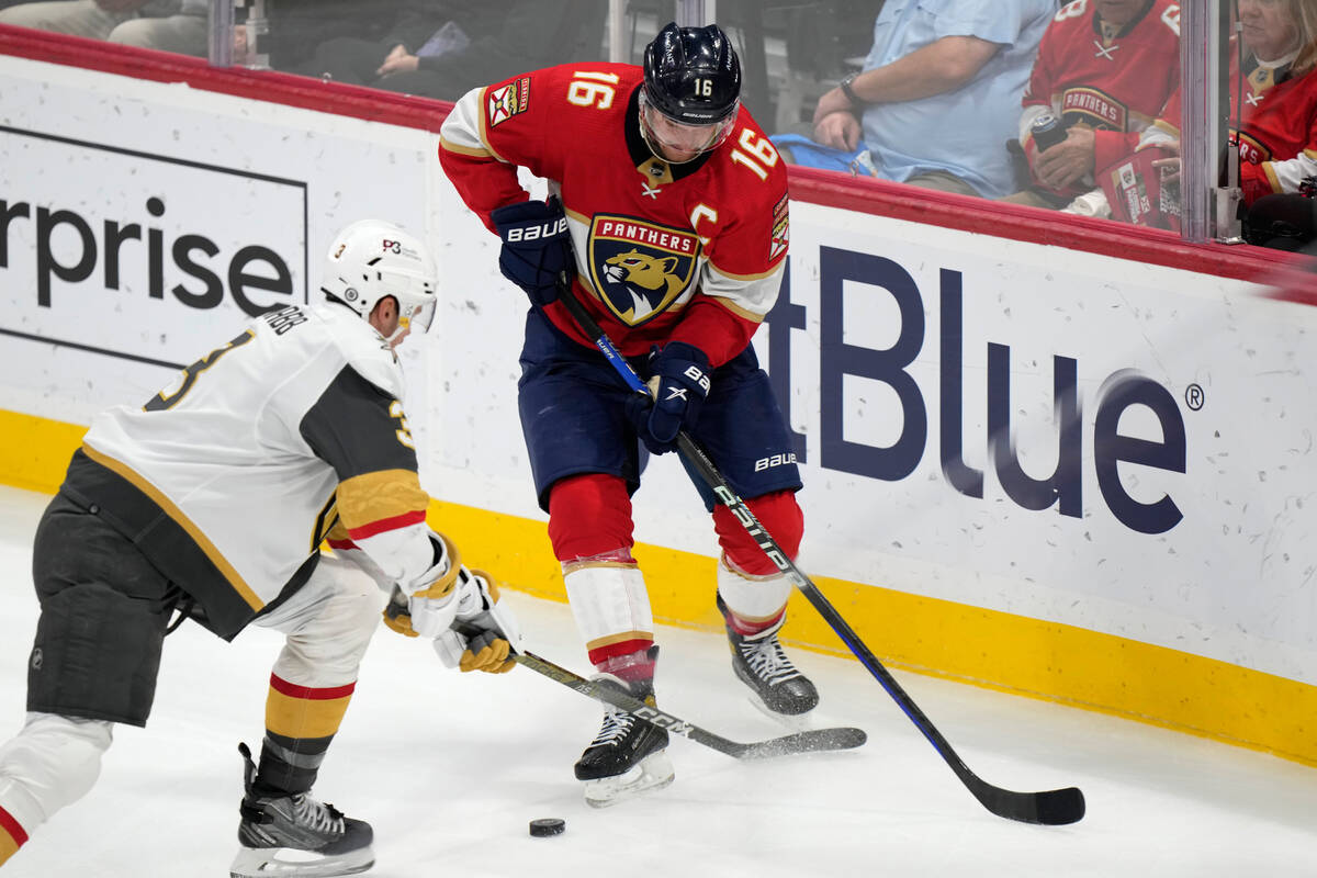 Florida Panthers center Aleksander Barkov (16) and Vegas Golden Knights defenseman Brayden McNa ...