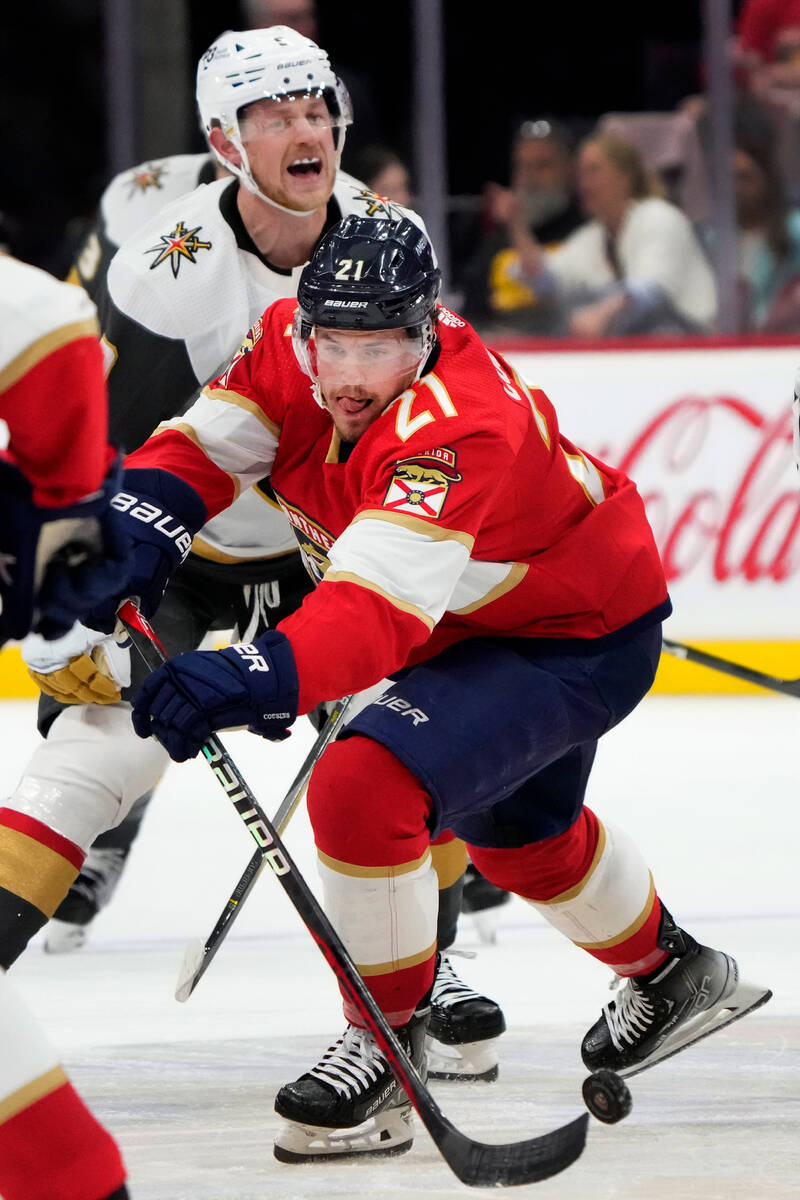 Florida Panthers center Nick Cousins (21) passes against Vegas Golden Knights center Jack Eiche ...