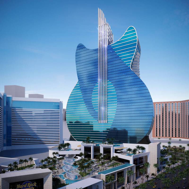 A rendering of the guitar-shaped hotel tower that Hard Rock International plans to build at wha ...