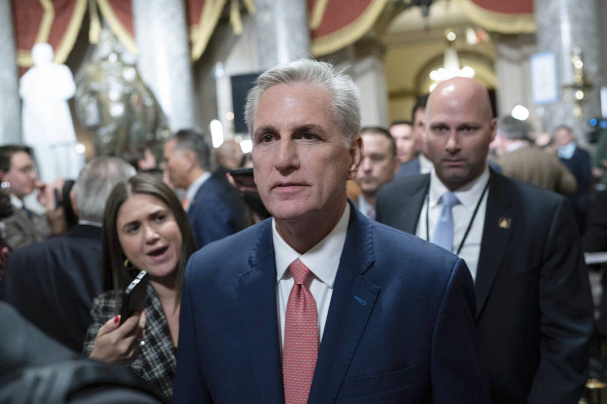 Speaker of the House Kevin McCarthy, R-Calif., leaves the House Chamber after President Joe Bid ...