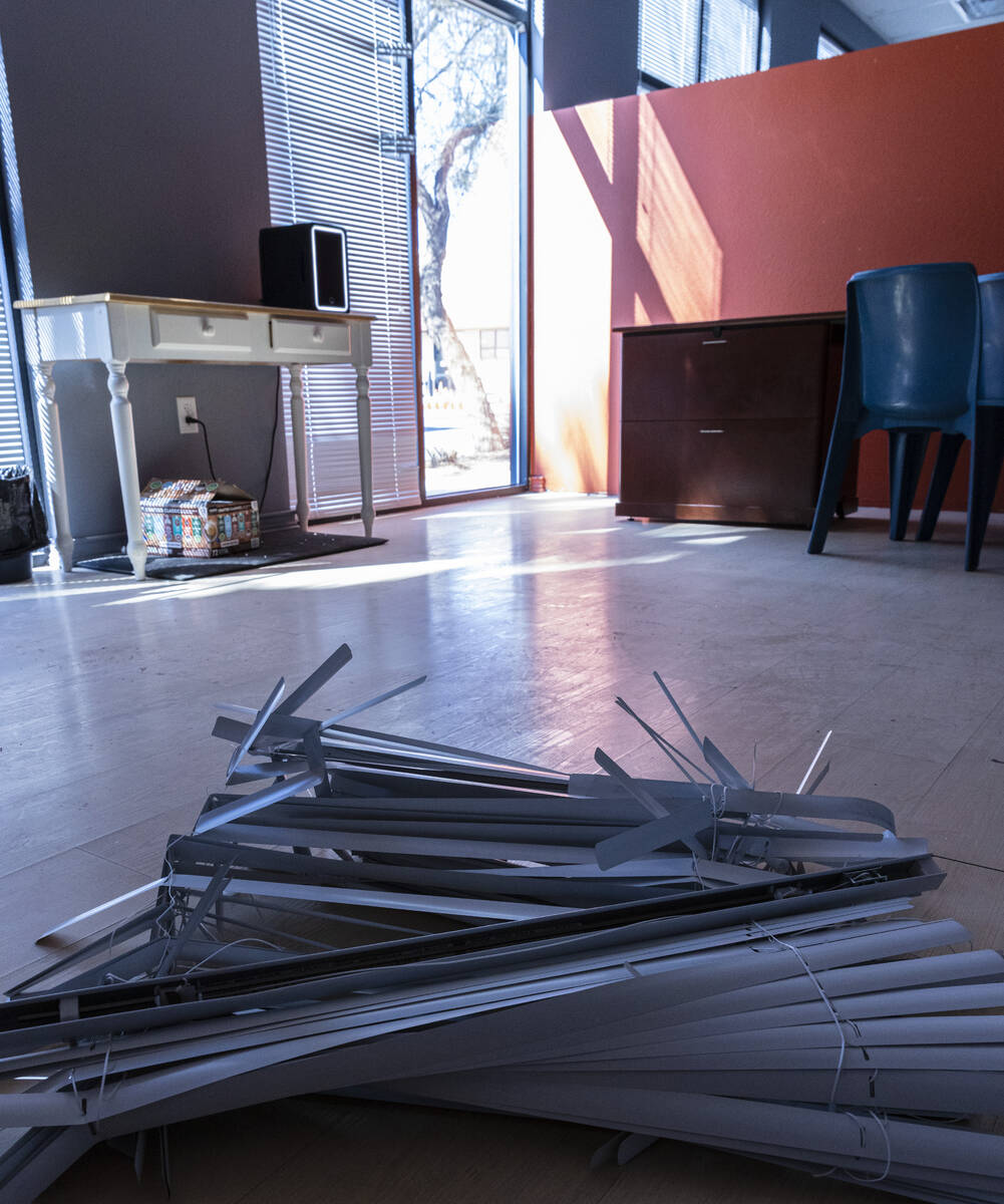 A damaged venetian blind is seen at Leaders In Training (LIT) building, on Tuesday, March 7, 20 ...