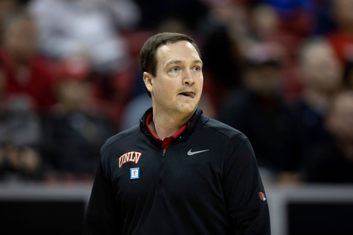 UNLV Rebels head coach Kevin Kruger watches his team play the Boise State Broncos during the fi ...