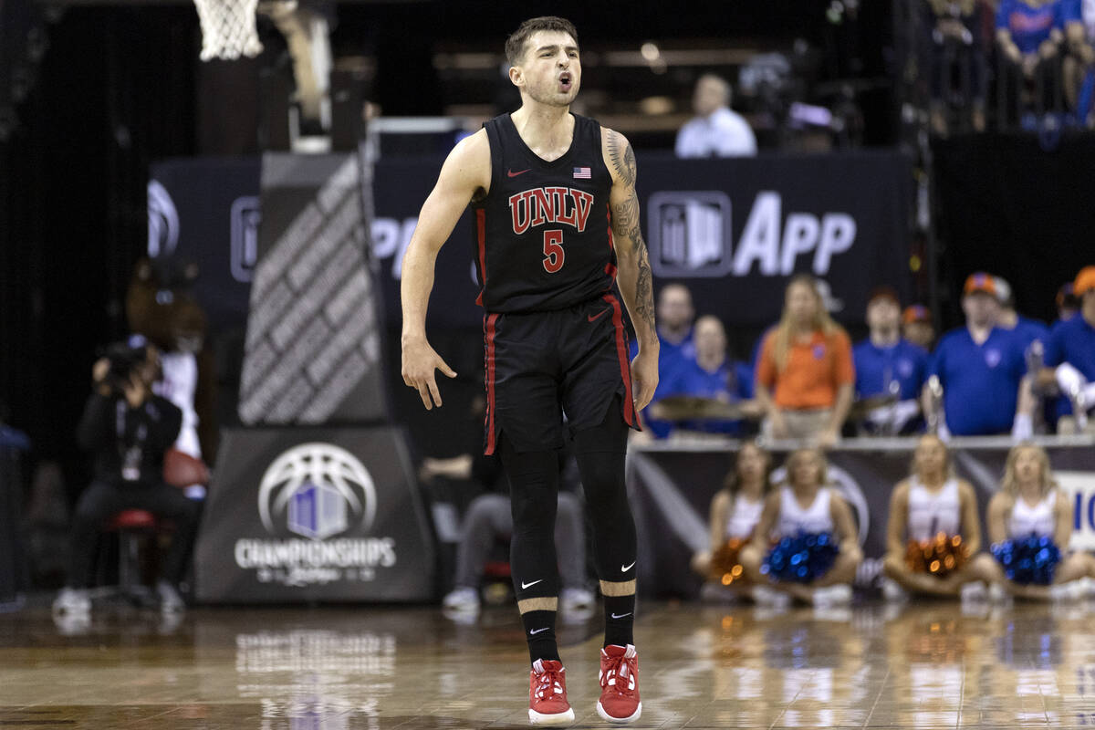 UNLV Rebels guard Jordan McCabe (5) celebrates after scoring a three-pointer during the second ...