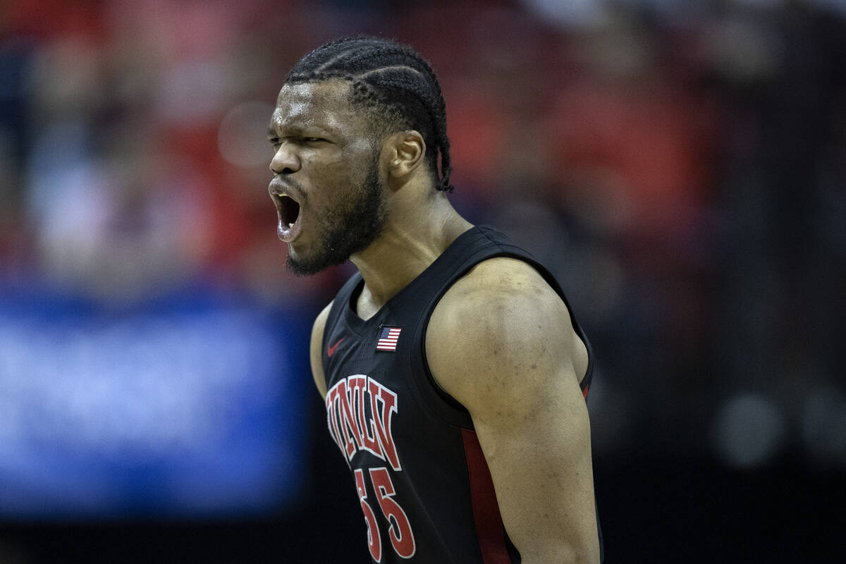 UNLV Rebels guard EJ Harkless (55) gets upset after referees called a foul on UNLV during overt ...