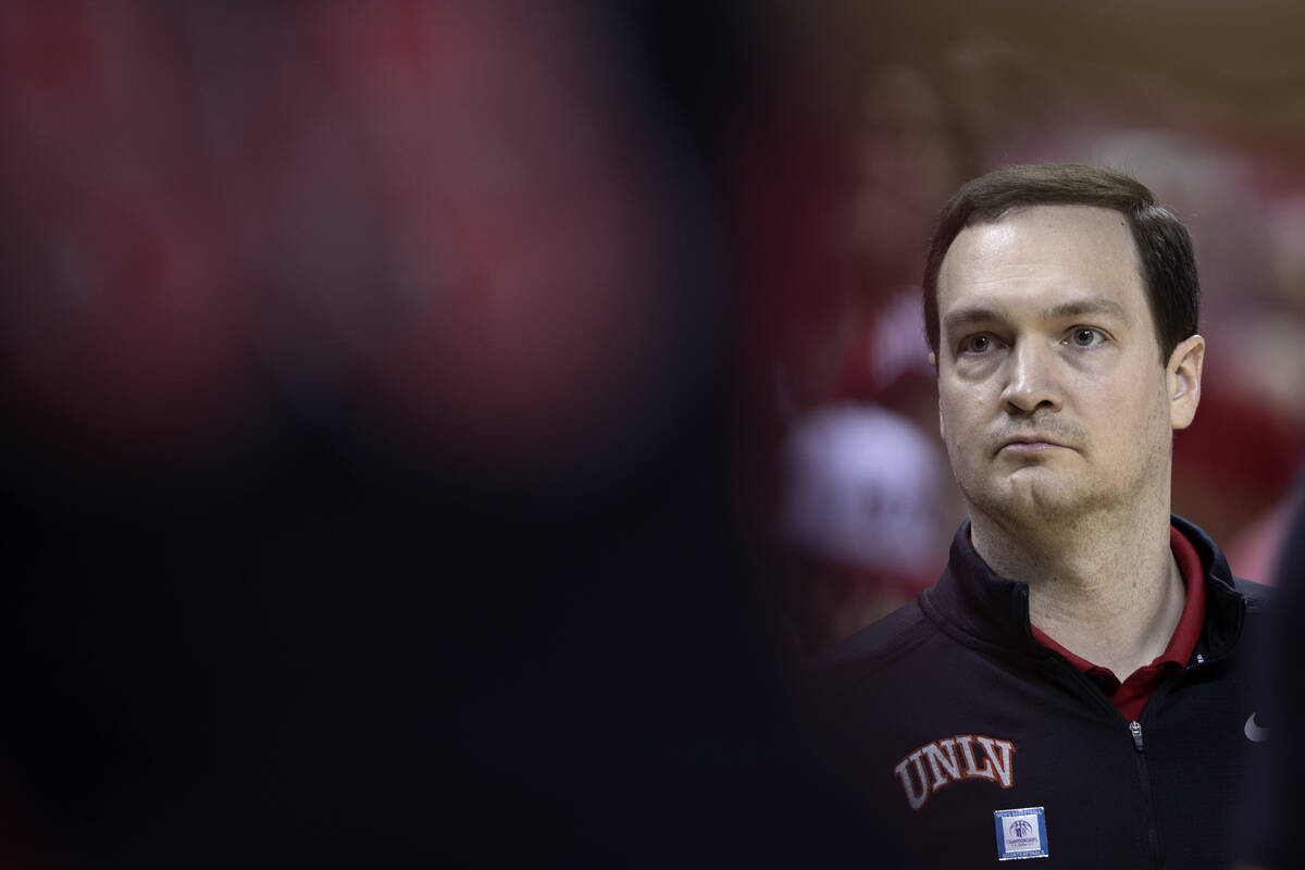 UNLV Rebels head coach Kevin Kruger watches his team play defense against the Boise State Bronc ...