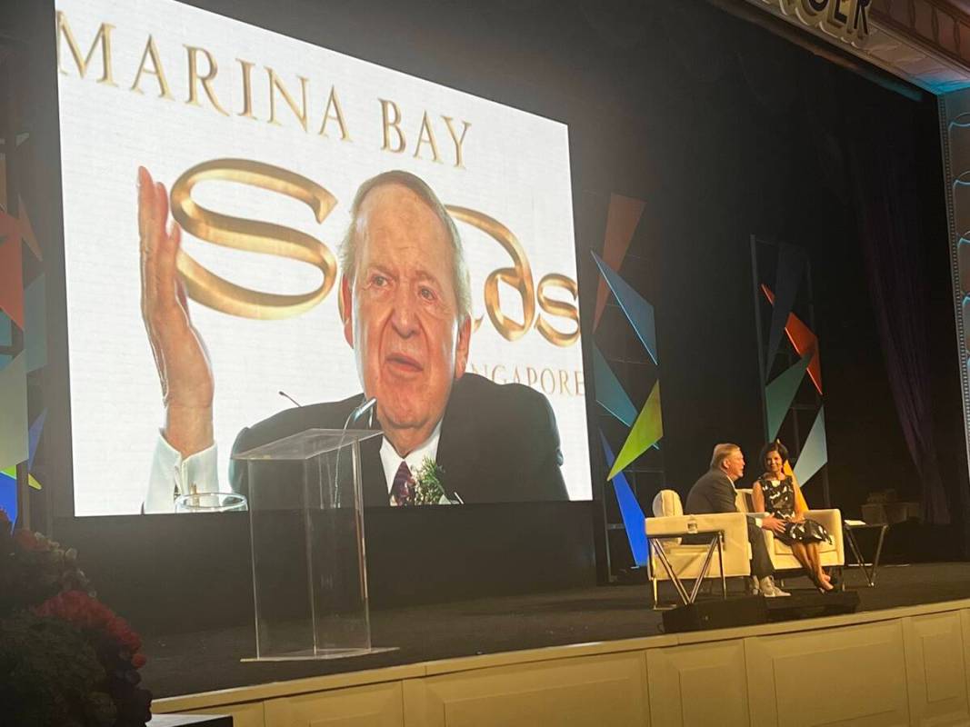 Wynn Las Vegas President Marilyn Spiegel and Raiders owner Mark Davis are shown in front of an ...