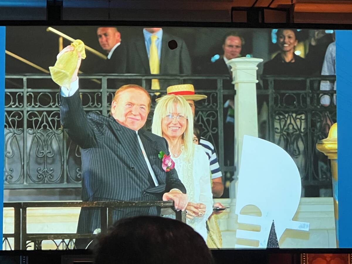 A photo of Sheldon and Dr. Miriam Adelson is shown during a video tribute during the Adelson Ed ...