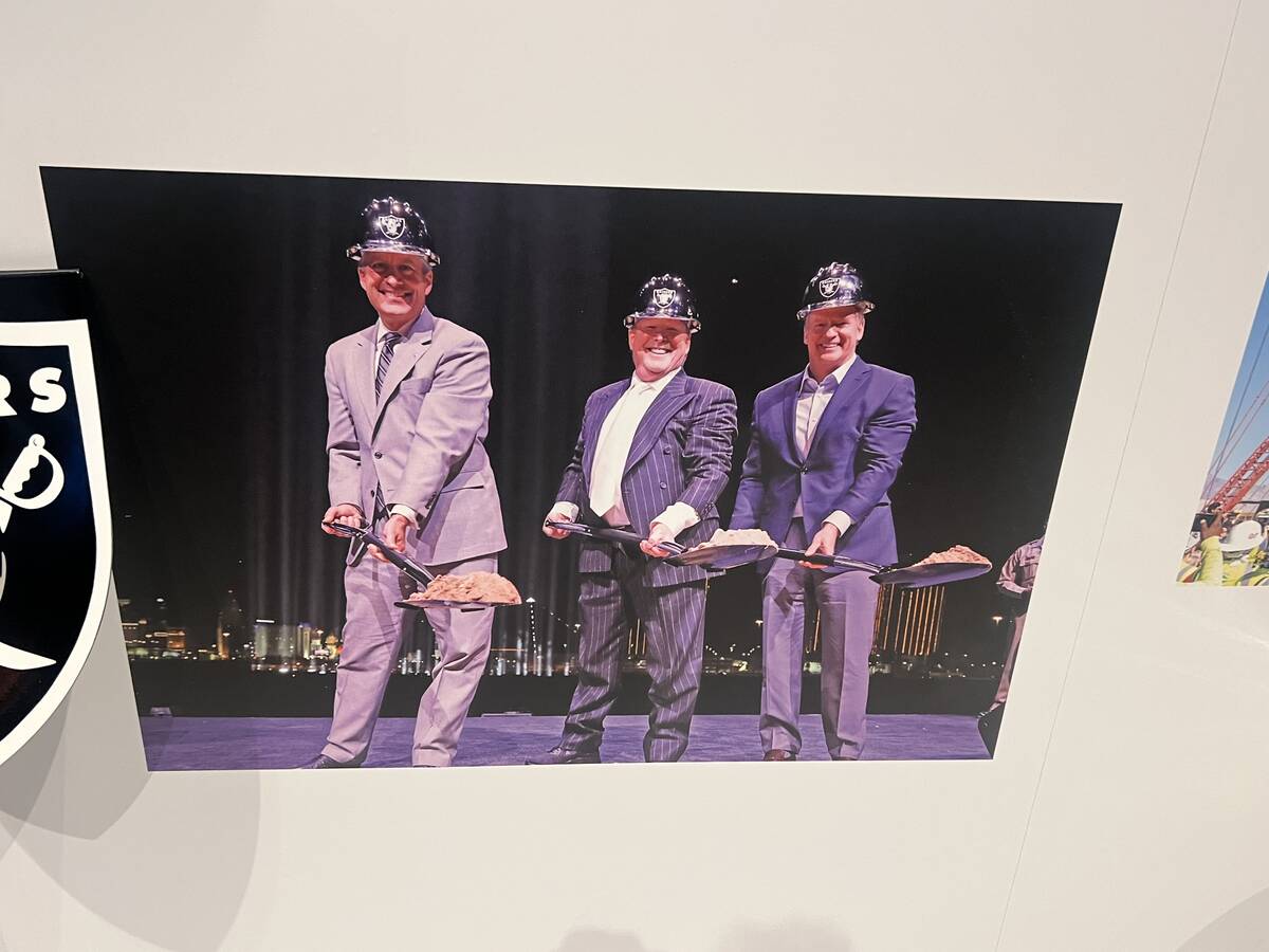 A photo of former Raiders exec Marc Badain, team owner Mark Davis and NFL Commissioner Roger Go ...