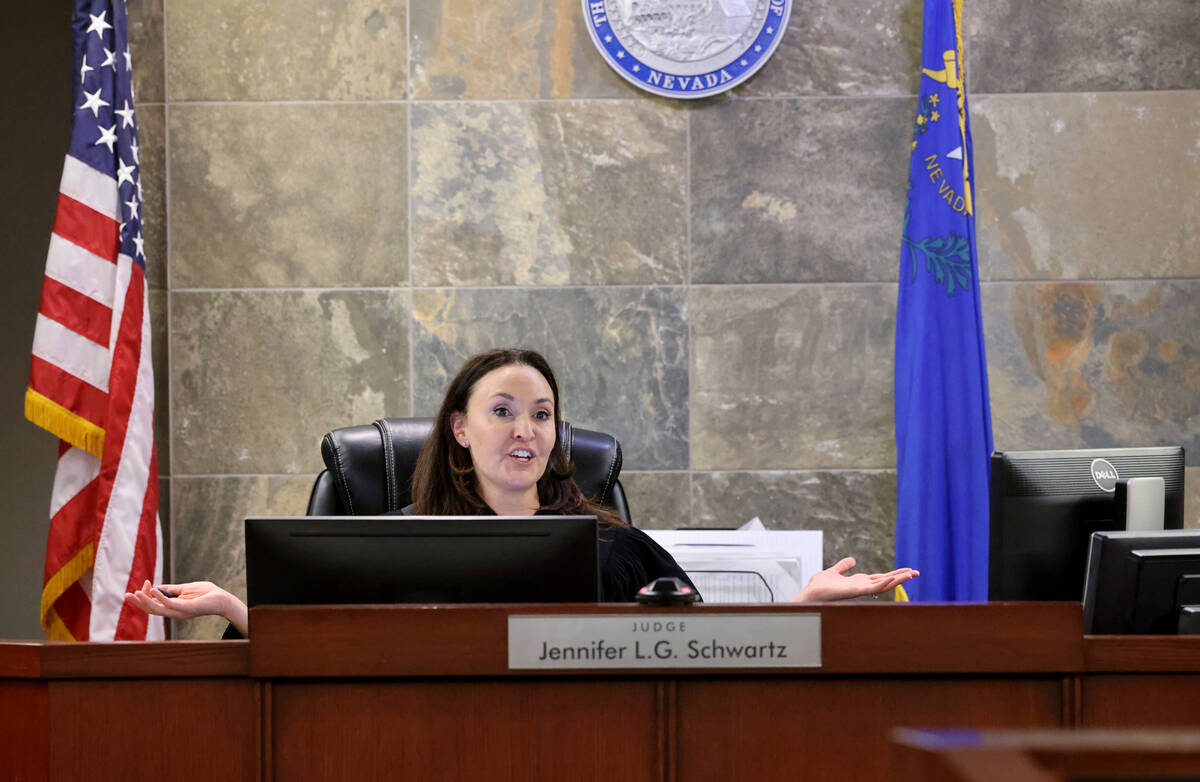 Clark County District Court Judge Jennifer Schwartz presides in court during a hearing for form ...