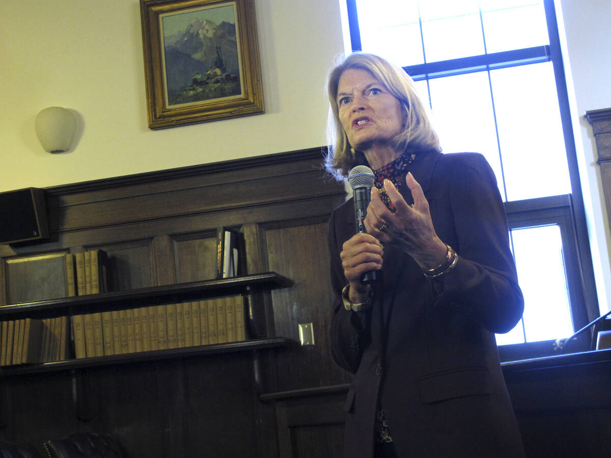 Alaska U.S. Sen. Lisa Murkowski, a Republican, speaks to reporters after giving her annual addr ...