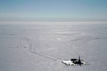 This 2019 aerial photo provided by ConocoPhillips shows an exploratory drilling camp at the pro ...