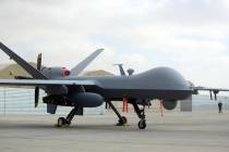 A U.S. MQ-9 drone is on display during an air show at Kandahar Airfield, Afghanistan, Tuesday, ...