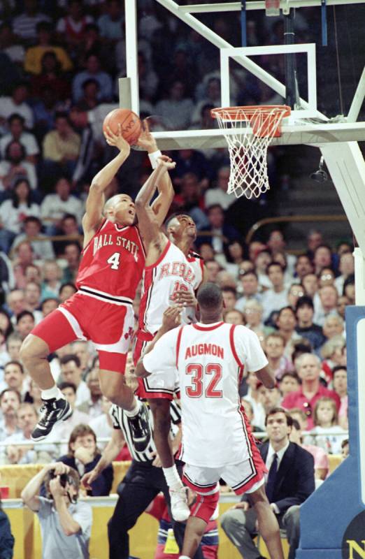 Ball State guard Chandler Thompson (4) goes up for a shot against University of Nevada-Las Vega ...