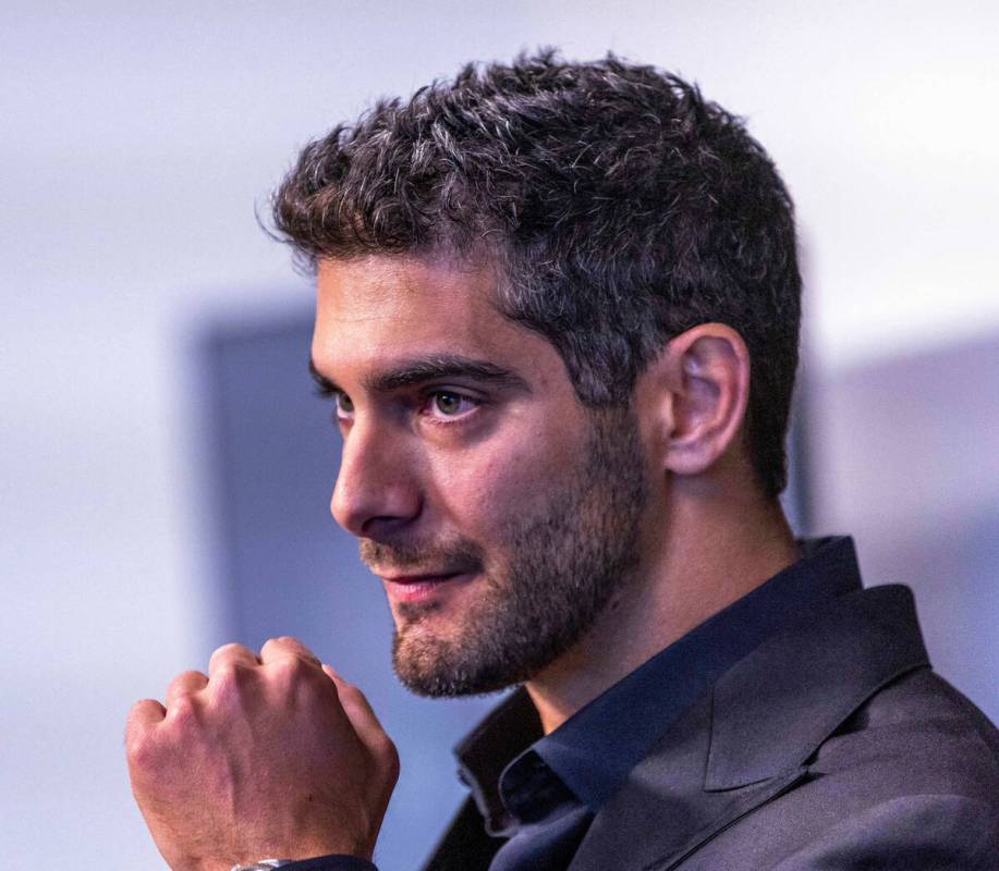 Jimmy Garoppolo listens to a question during a press conference at the Raiders Headquarters and ...