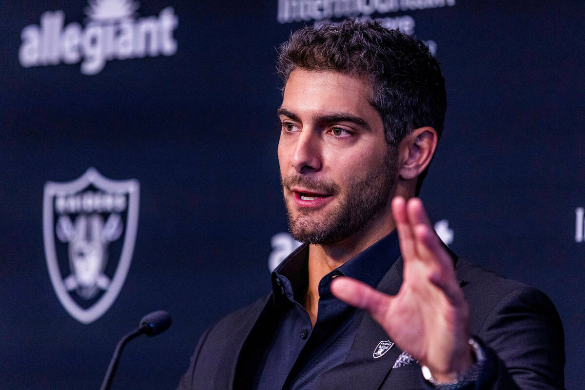 Jimmy Garoppolo speaks during a press conference at the Raiders Headquarters and Intermountain ...