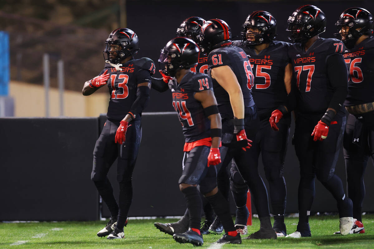 Vegas Vipers wide receiver Jeff Badet (13) celebrates his touchdown catch against the Orlando G ...