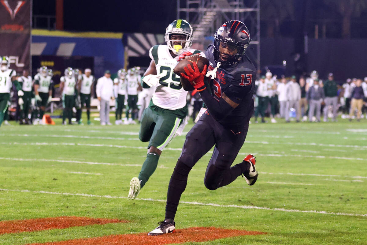 Vegas Vipers wide receiver Jeff Badet (13) makes a touchdown catch during the second half of an ...