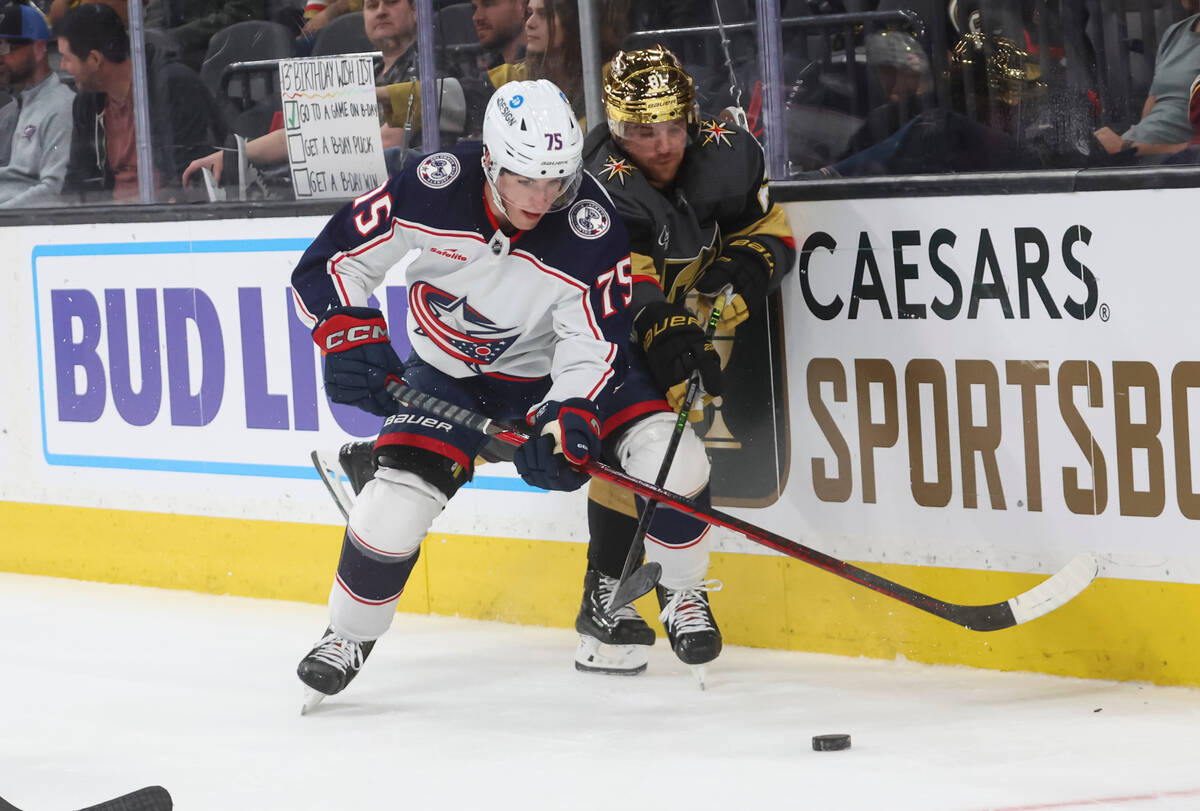 Columbus Blue Jackets defenseman Tim Berni (75) and Golden Knights right wing Jonathan Marchess ...