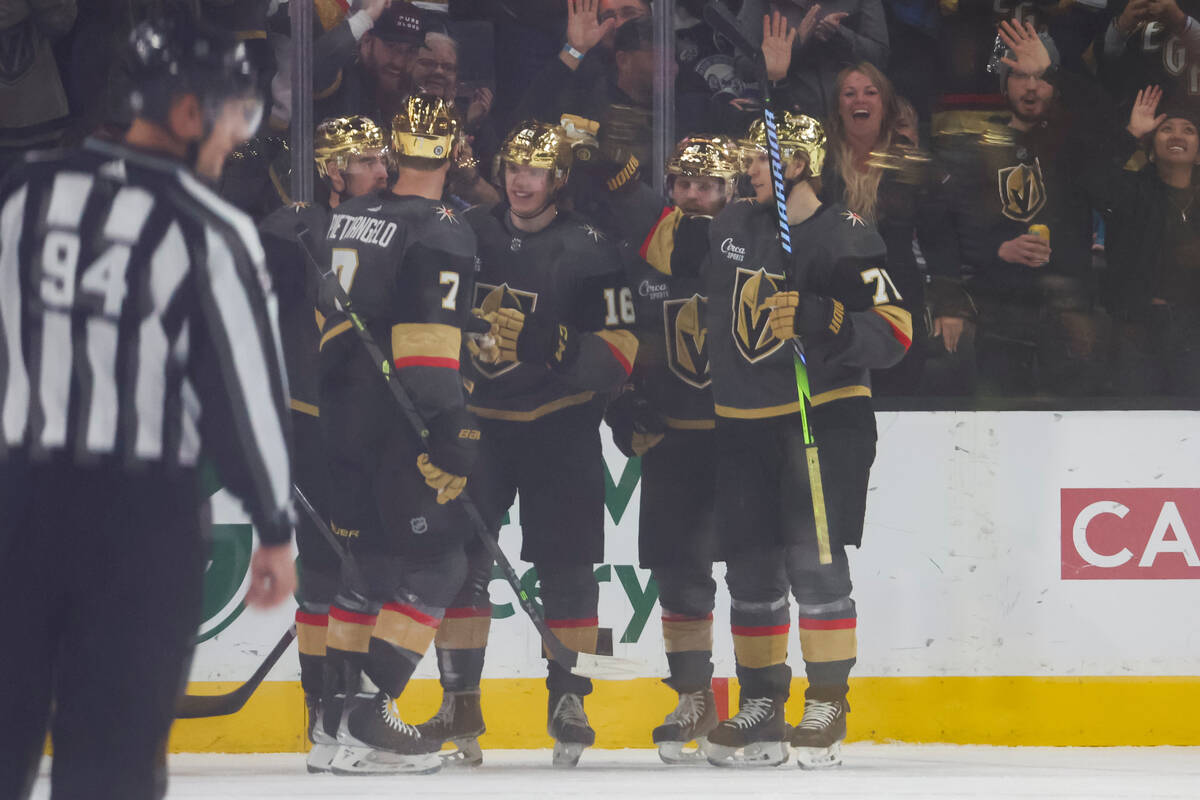 Golden Knights left wing Pavel Dorofeyev (16) celebrates his goal with teammates during the sec ...