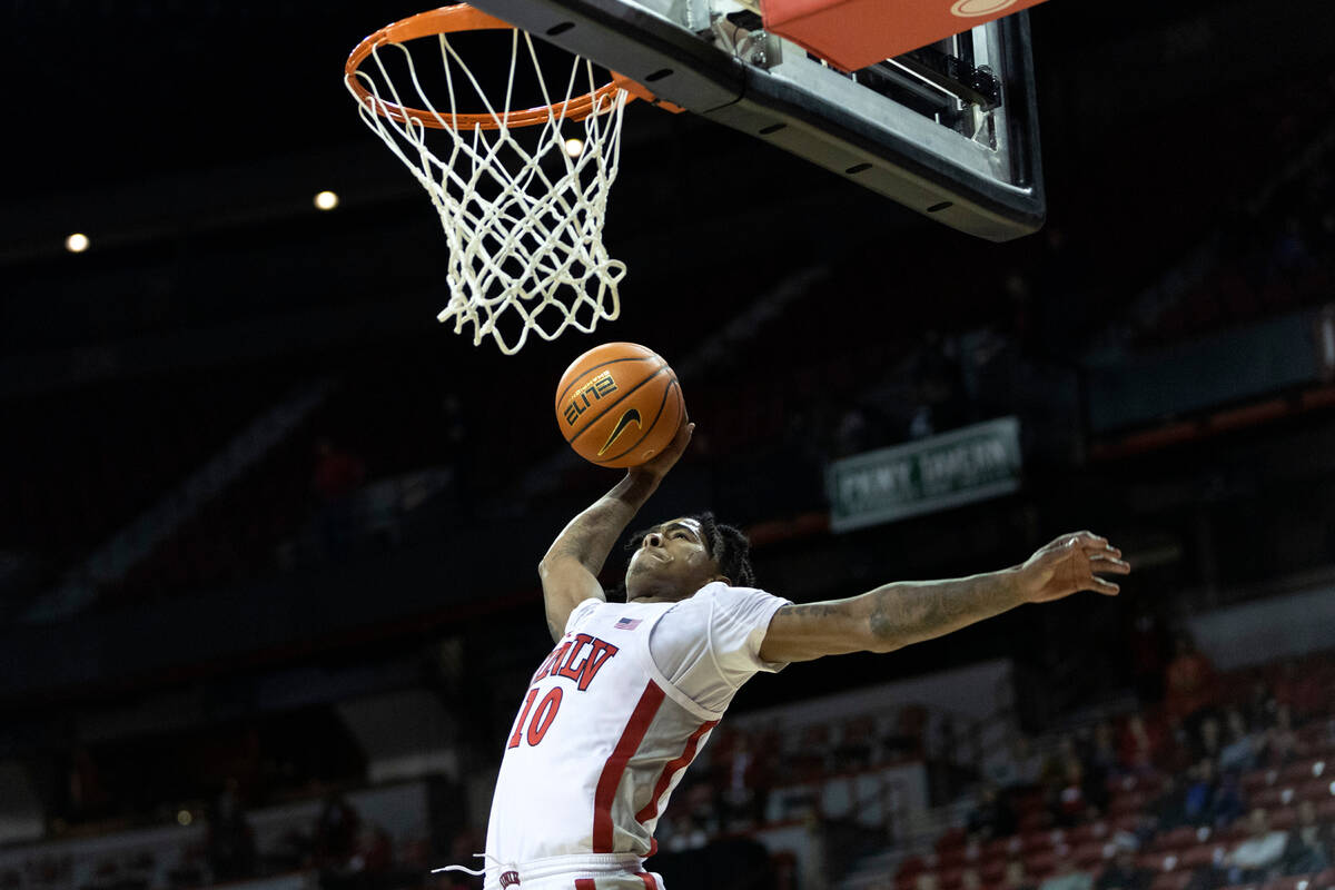 UNLV Rebels guard Keshon Gilbert (10) attempts to dunk during the second half of an NCAA colleg ...