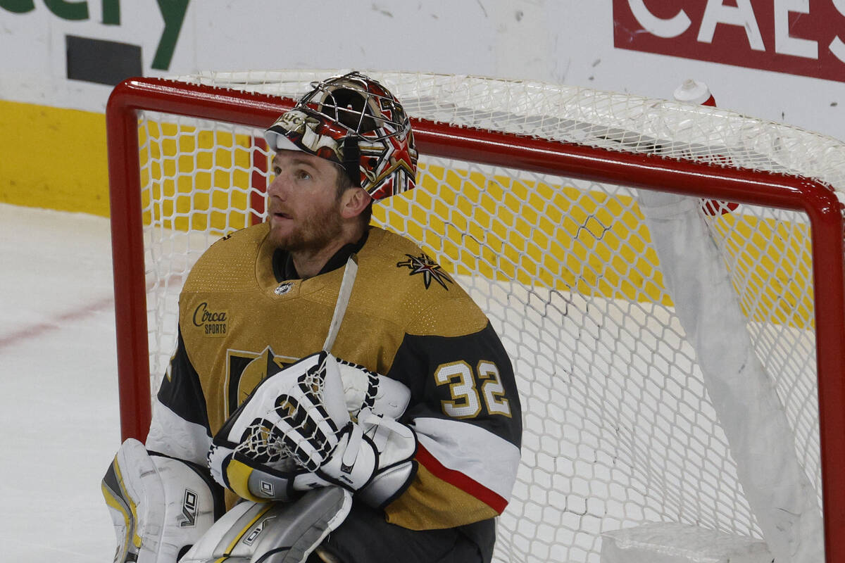 Vegas Golden Knights goaltender Jonathan Quick (32) takes a break during the third period of an ...