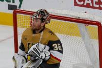 Vegas Golden Knights goaltender Jonathan Quick (32) takes a break during the third period of an ...