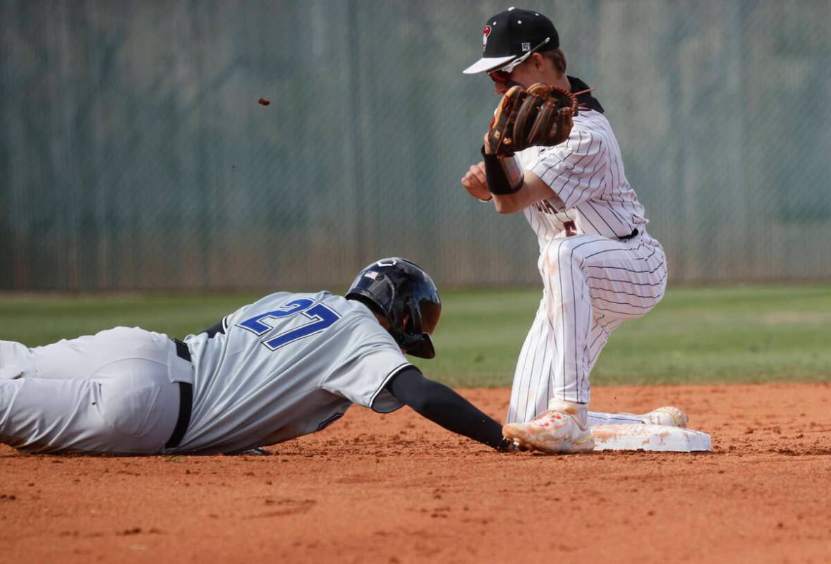 Bishop Gorman's Nolan Eberwein (27) gets back safely to second on a pick-off attempt as Desert ...