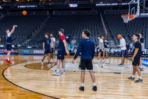 Gonzaga players warm up during the West Regional practice for the Sweet 16 games at the T-Mobil ...