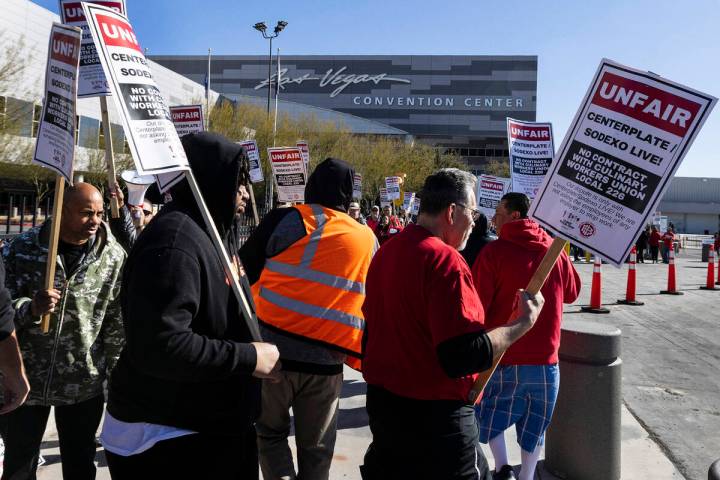 Culinary Union workers picket in front of the Las Vegas Convention Center, on Thursday, Feb.16, ...