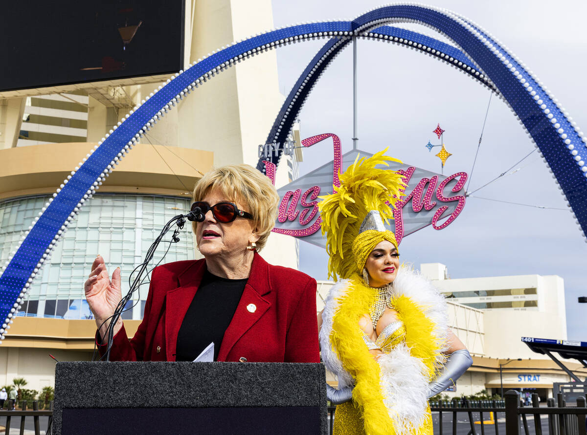 Mayor Carolyn Goodman speaks during the unveiling of a new observation deck, built to have a pl ...