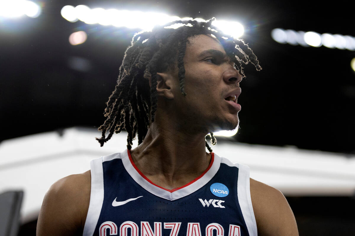 Gonzaga Bulldogs guard Hunter Sallis (5) celebrates after a foul is called on the UCLA Bruins d ...