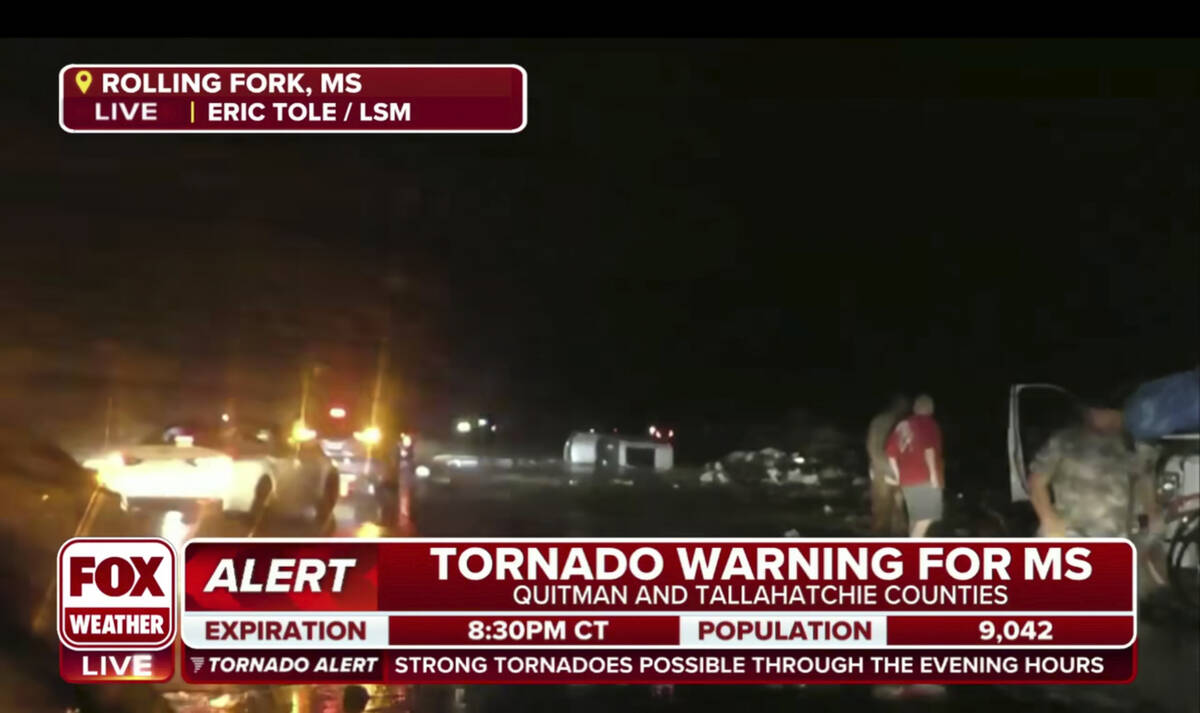 This screen grab from video broadcast by Fox Weather shows the immediate aftermath of severe we ...