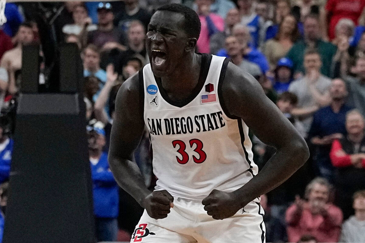 San Diego State forward Aguek Arop (33) celebrates victory against Creighton in the second half ...