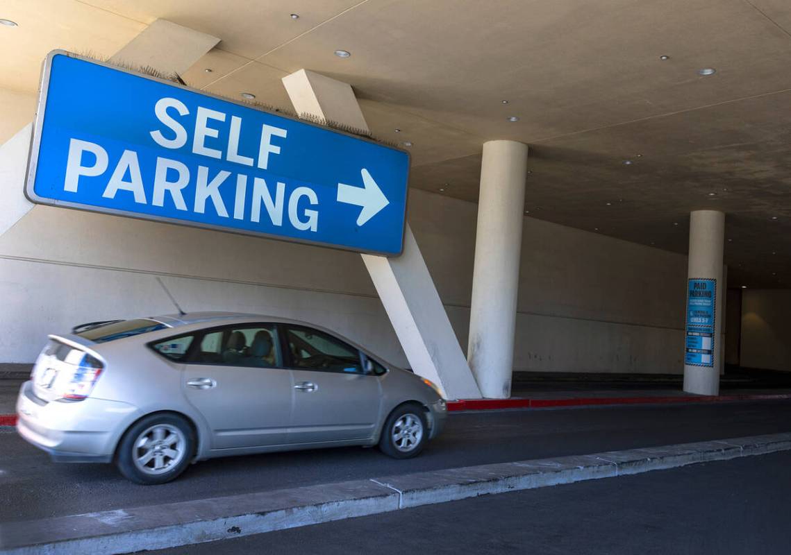 A car enters a parking garage at The Strat, on Monday, March 27, 2023, in Las Vegas. (Bizuayeh ...