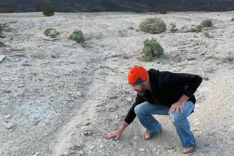 Stuart Jeffries points to where he found Bob Wildoner’s broken sandal in Death Valley Nationa ...