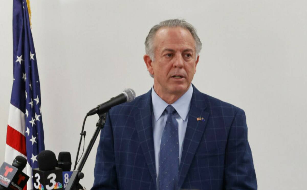 Gov. Joe Lombardo speaks at Valley High School on Friday, March 24, 2023, in Las Vegas. (Chitos ...