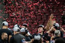 San Diego State players celebrate after a Elite 8 college basketball game between Creighton and ...