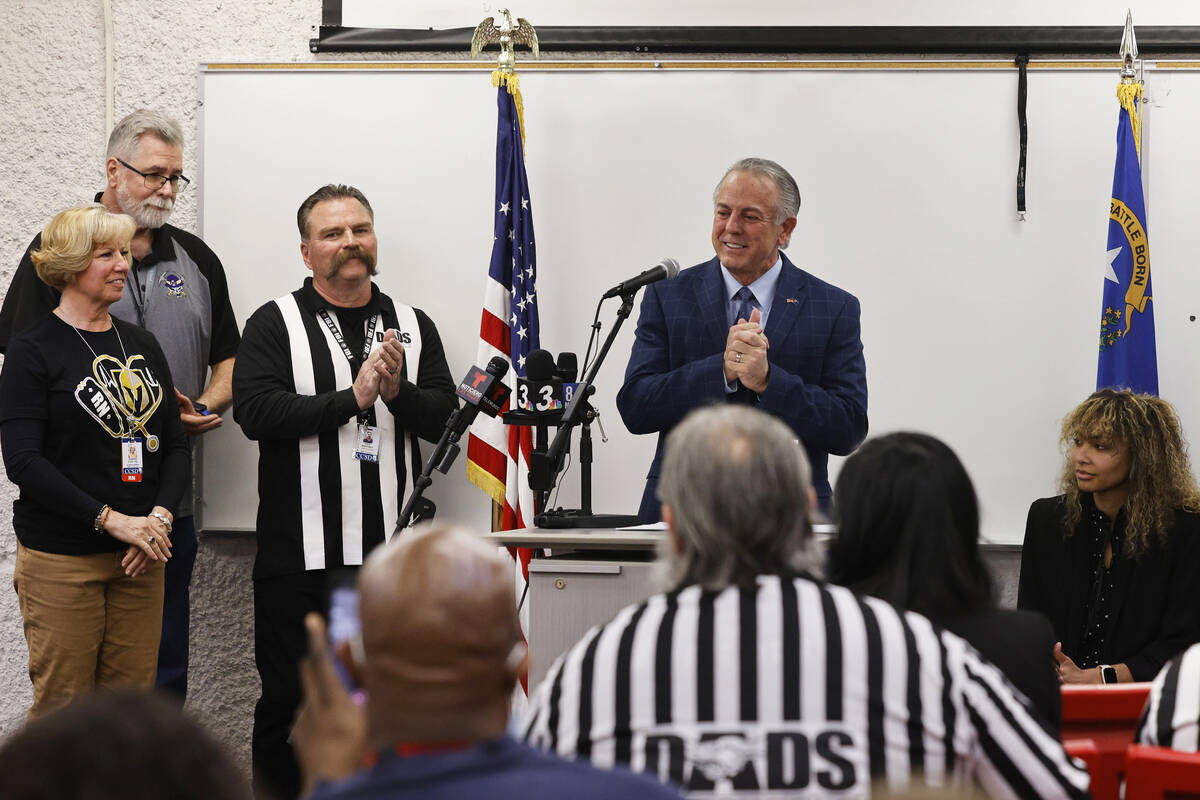 Nevada Gov. Joe Lombardo, center, speaks about his school safety plan during a news conference ...