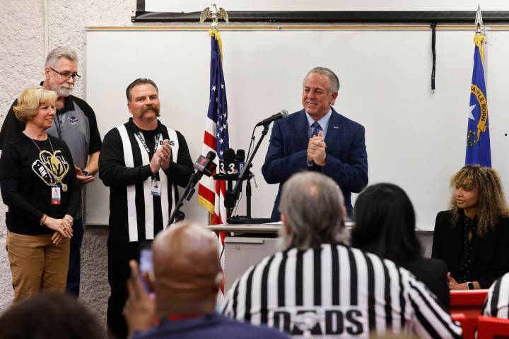 Nevada Gov. Joe Lombardo, center, speaks about his school safety plan during a news conference ...