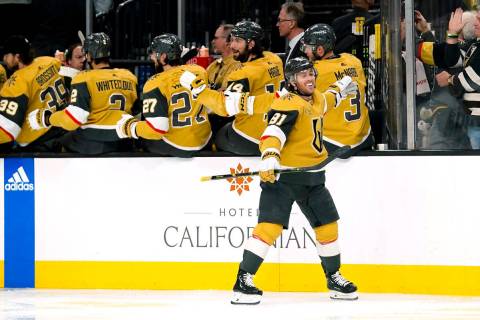 Vegas Golden Knights center Jonathan Marchessault (81) is congratulated for his goal against th ...