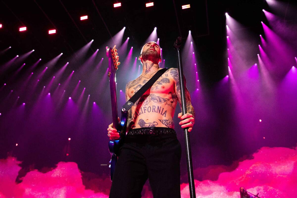 Adam Levine is shown at Maroon 5's "M5LV" show at Dolby Live at Park MGM on Saturday, March 25, ...