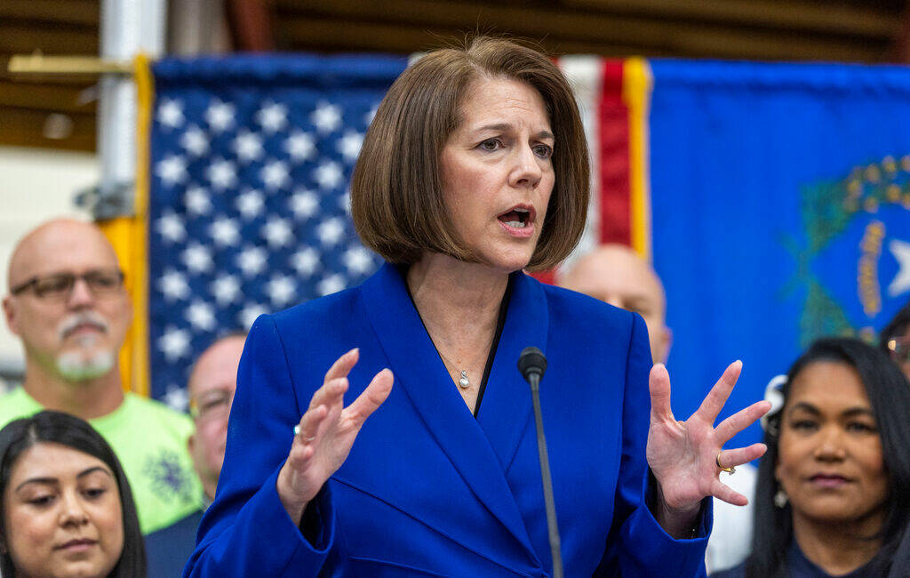 Sen. Catherine Cortez Masto, D-Nev., talks to workers at the Carpenters International Training ...