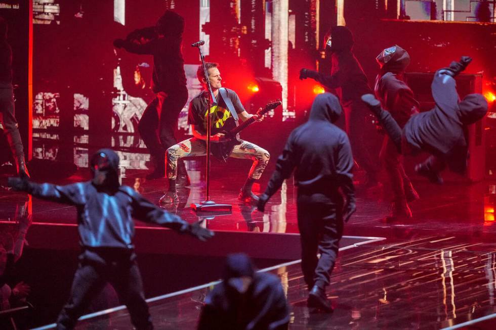 Matt Bellamy from the band Muse performs at the European MTV Awards 2022 in Dusseldorf, Germany ...